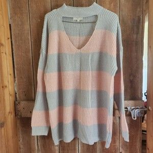 XL No Comment Pink & Gray Striped Pullover Chunky Knit Sweater Long Sleeve Top